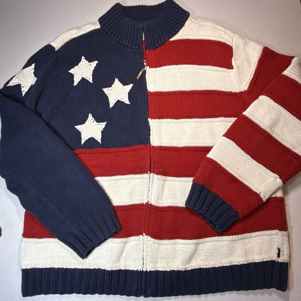 RARE Tommy Hilfiger Hand Knit American Flag Y2K Chunky Sweater XL Full Zip Fishe